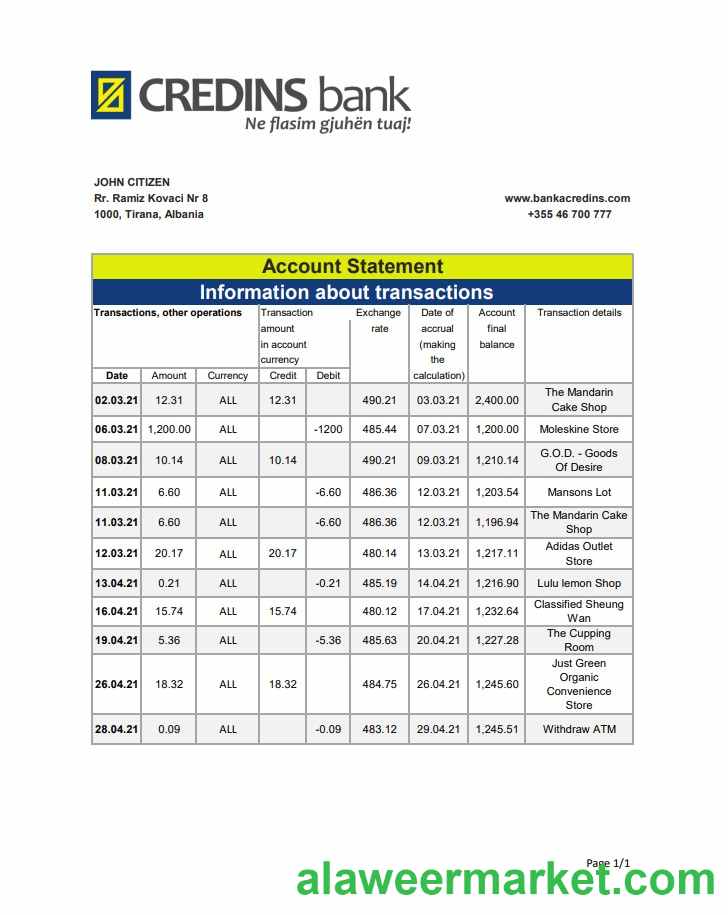 Albania Credins bank statement template in Excel and PDF format